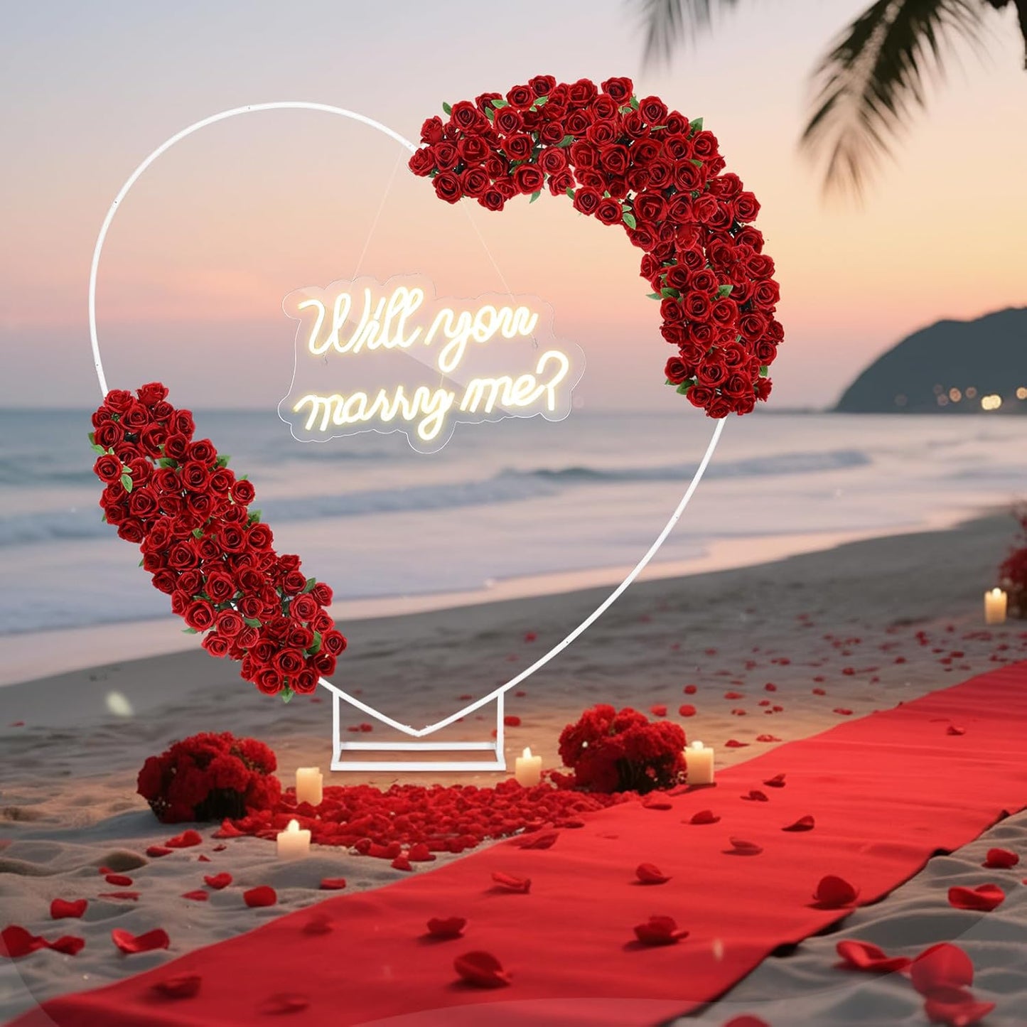 Large Will You Marry Me Me Neon Sign Backdrop Wedding Proposal Decorations for Outdoor, (Red Carpet, Petals)