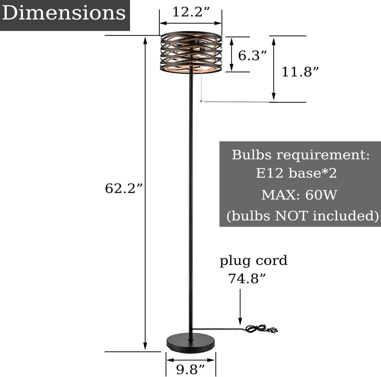Farmhouse Black 2-Light Floor Lamp Metal Structure Wood Grain Shade with Pull Chain Switch