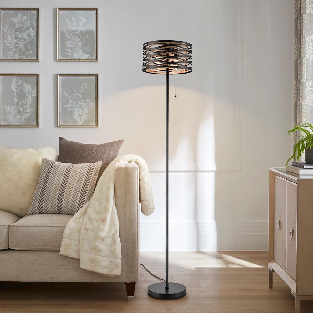 Farmhouse Black 2-Light Floor Lamp Metal Structure Wood Grain Shade with Pull Chain Switch