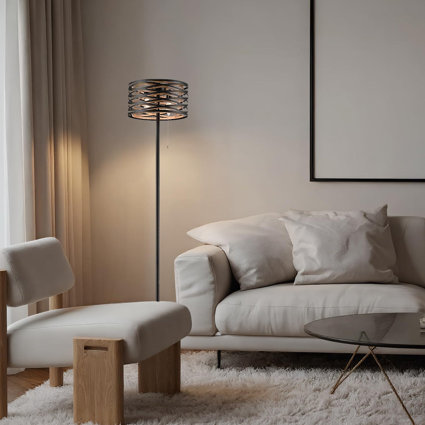 Farmhouse Black 2-Light Floor Lamp Metal Structure Wood Grain Shade with Pull Chain Switch