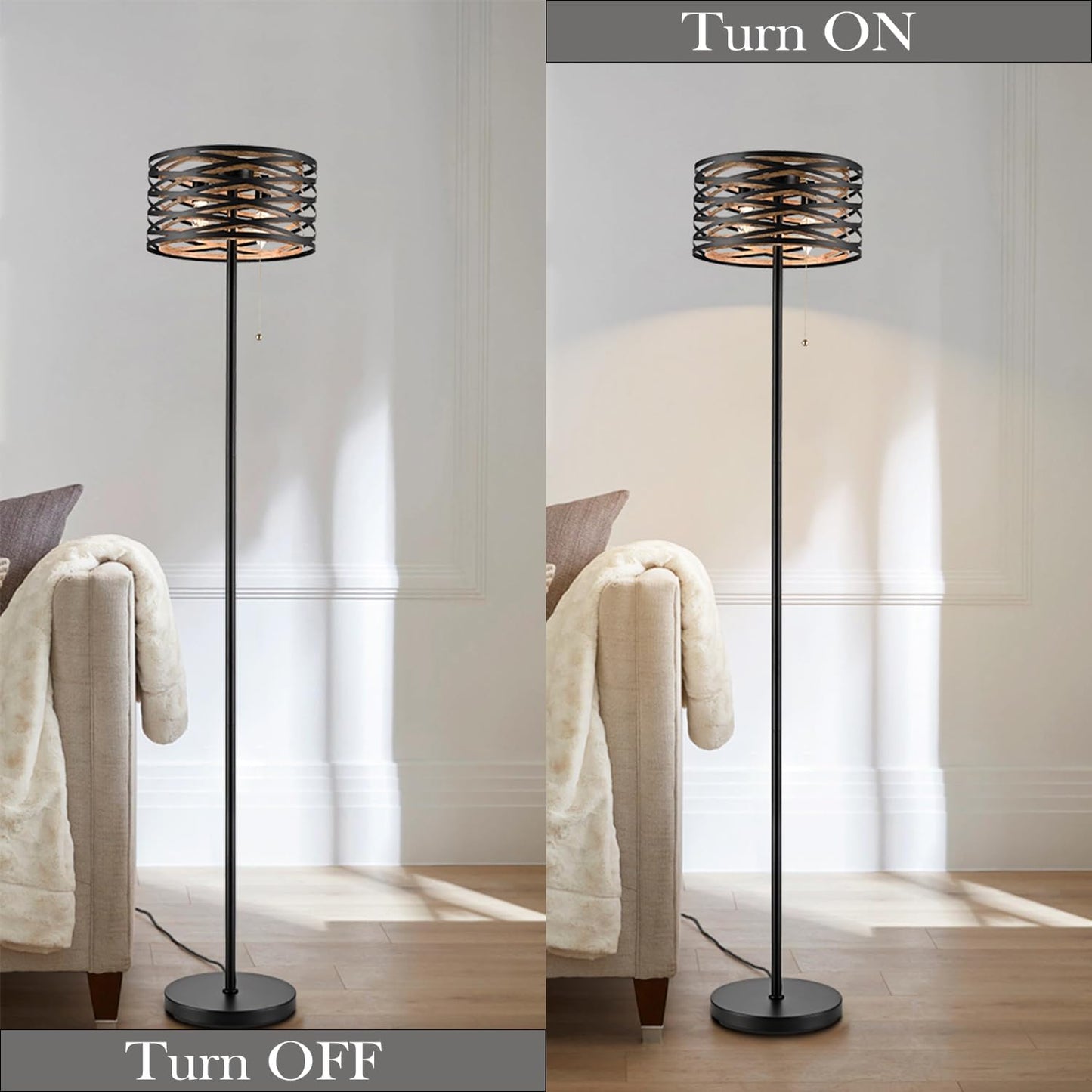 Farmhouse Black 2-Light Floor Lamp Metal Structure Wood Grain Shade with Pull Chain Switch