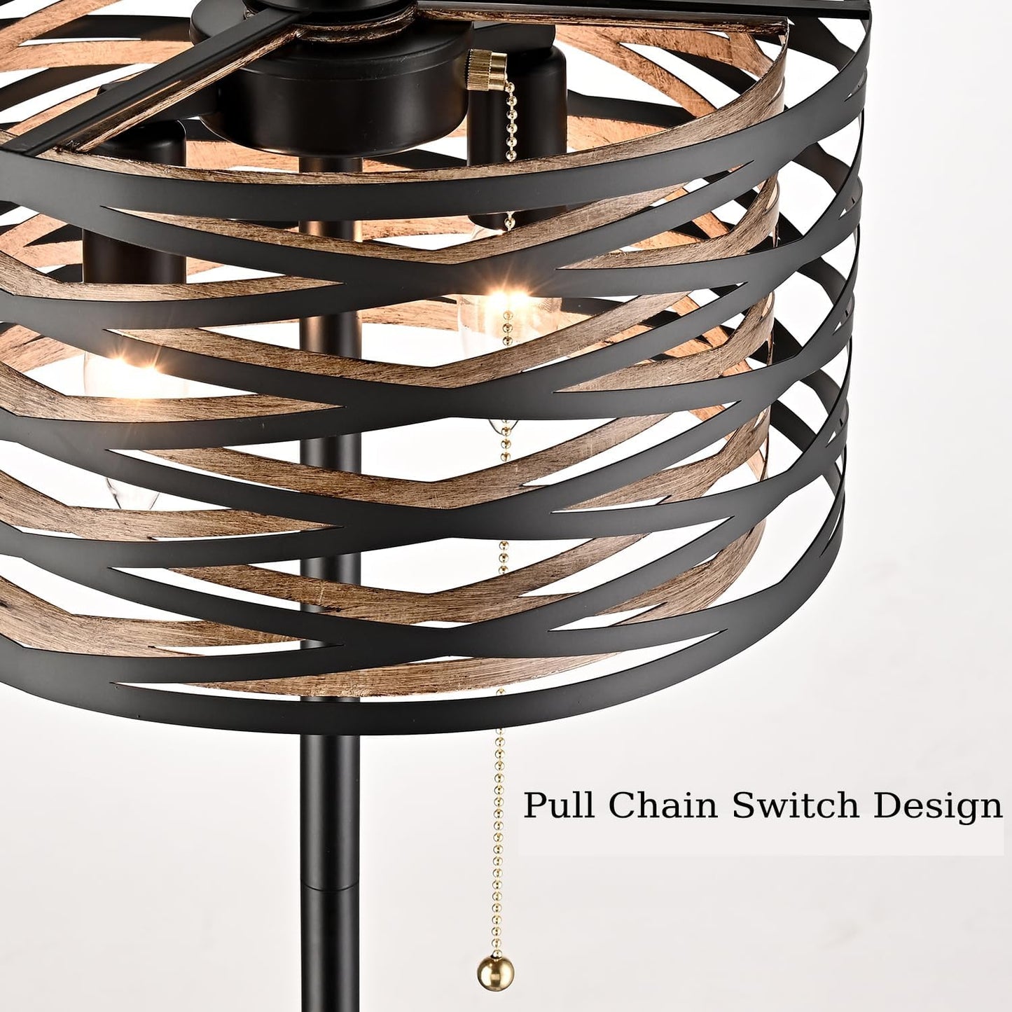 Farmhouse Black 2-Light Floor Lamp Metal Structure Wood Grain Shade with Pull Chain Switch