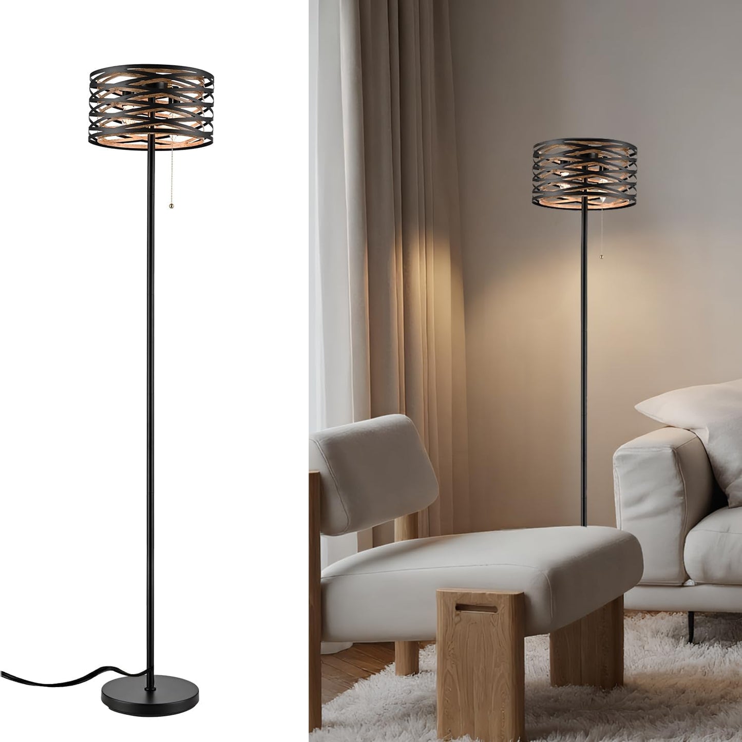 Farmhouse Black 2-Light Floor Lamp Metal Structure Wood Grain Shade with Pull Chain Switch
