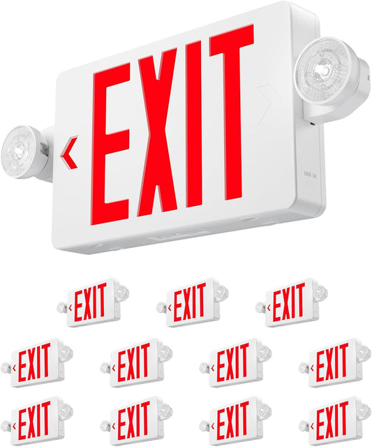 12 Pack Red Exit Signs with Emergency Lights, Two LED Adjustable Head Emergency Exit Lights with Battery Backup