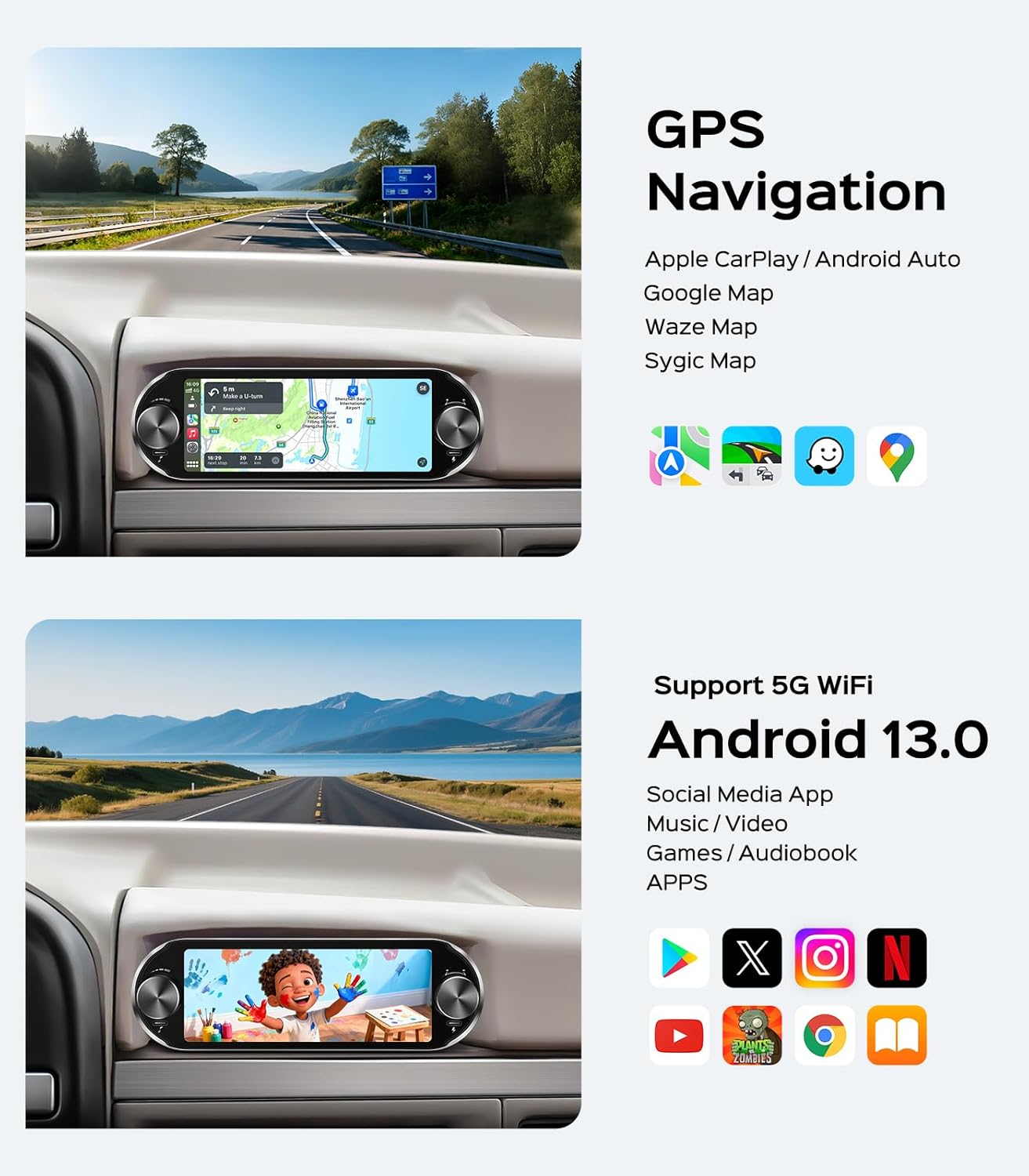 6.86' Single Din Touchscreen Car Radio Wireless CarPlay Wired Android Auto, 1280 * 480 QLED, with Bluetooth AM/FM