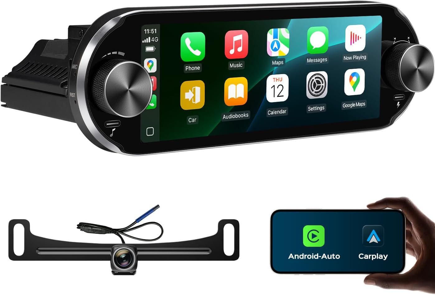 6.86' Single Din Touchscreen Car Radio Wireless CarPlay Wired Android Auto, 1280 * 480 QLED, with Bluetooth AM/FM