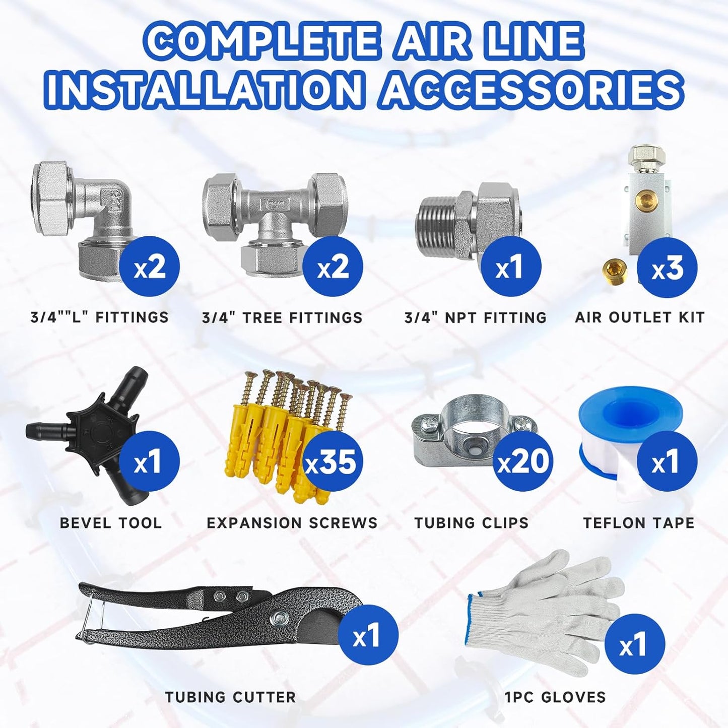 Compressed Air Line Kit, 3/4' x 100’&200‘&300‘ HDPE-Aluminum-HDPE Piping, with  Accessories and Airline Tubing