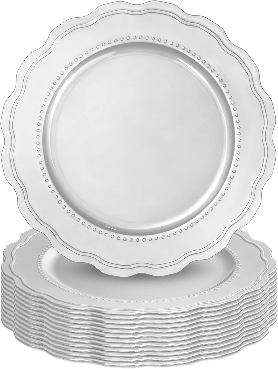 Plastic Silver Charger Plates Set of 12, 13 Inch Round Charger Dinner Plates, for Wedding, Thanksgiving, Christmas