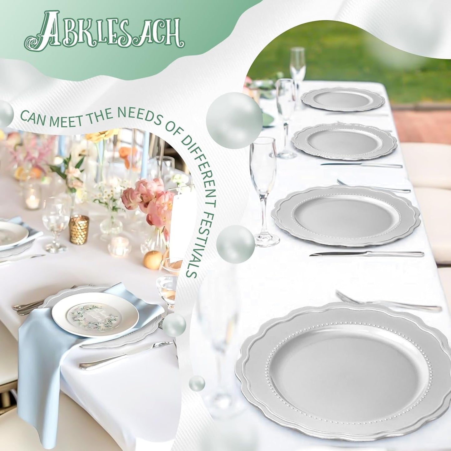 Plastic Silver Charger Plates Set of 12, 13 Inch Round Charger Dinner Plates, for Wedding, Thanksgiving, Christmas