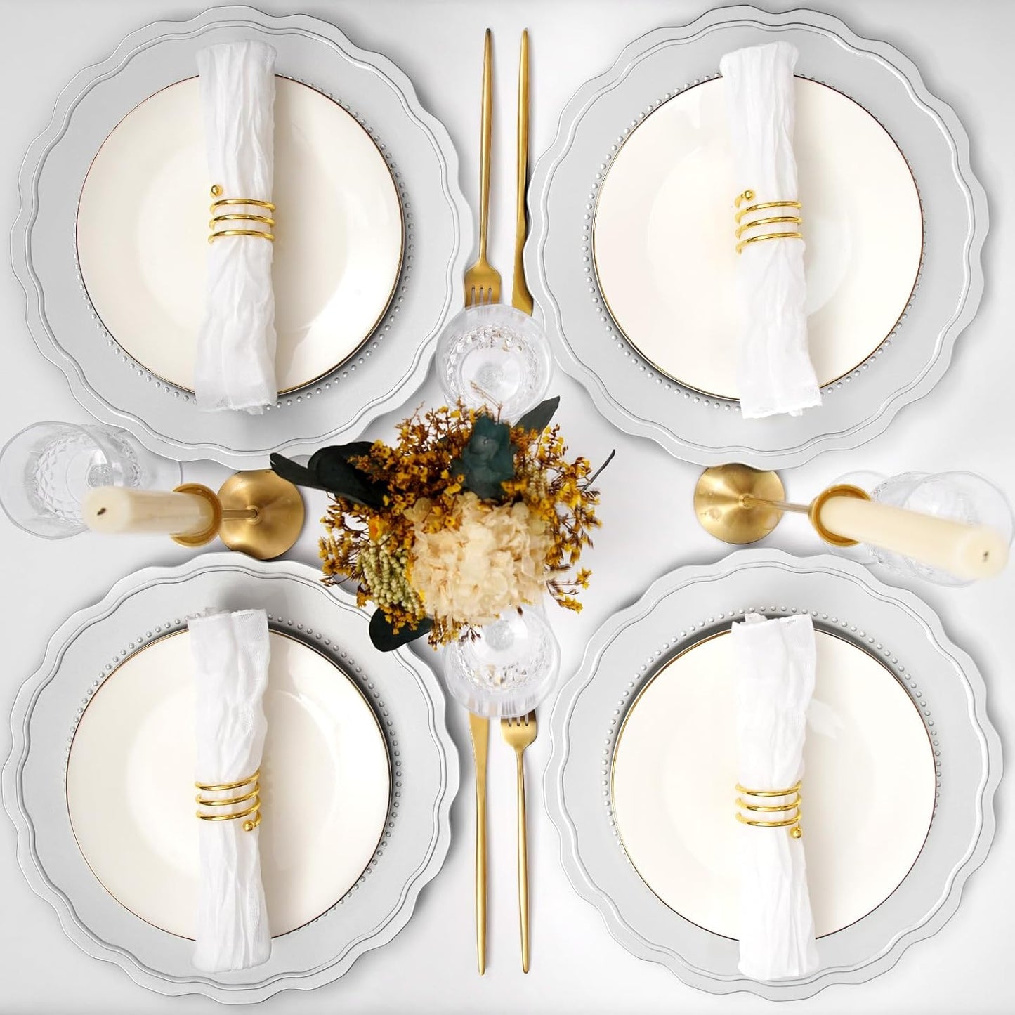 Plastic Silver Charger Plates Set of 12, 13 Inch Round Charger Dinner Plates, for Wedding, Thanksgiving, Christmas