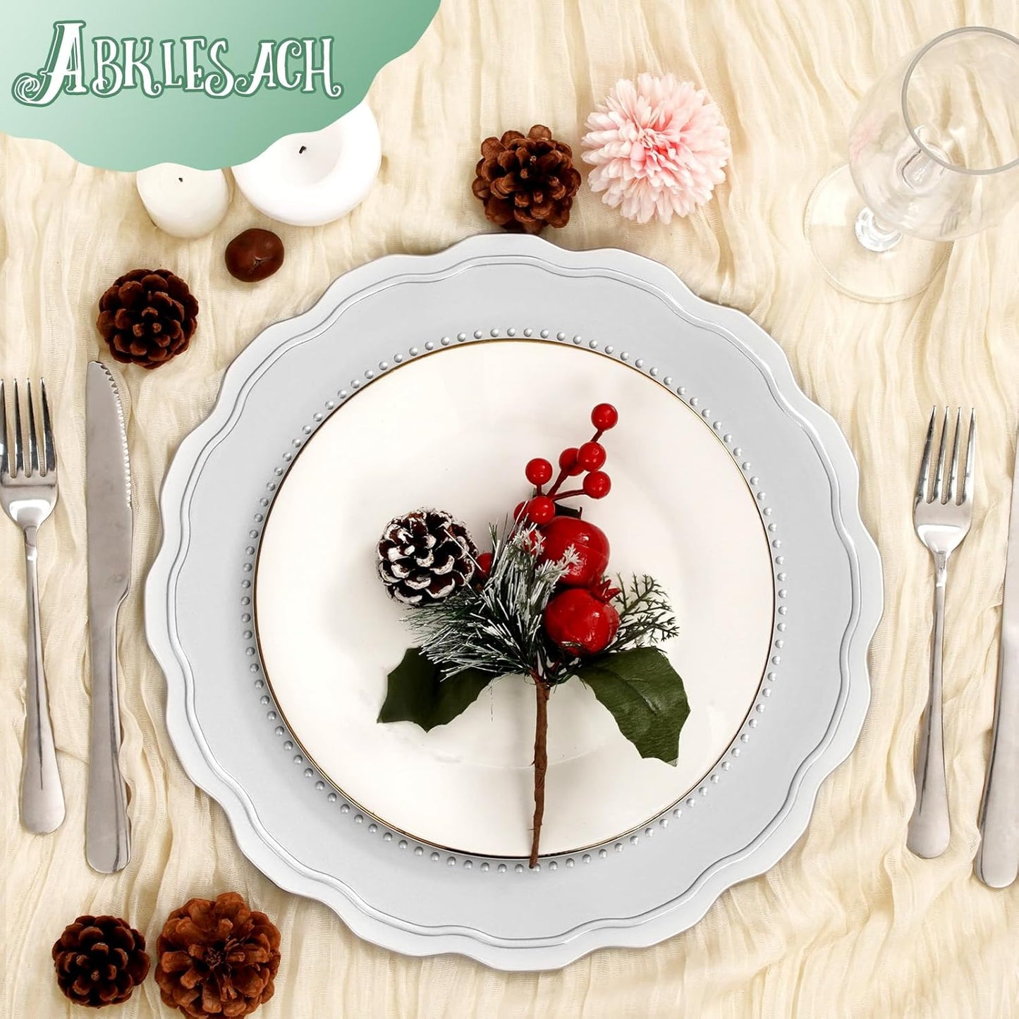 Plastic Silver Charger Plates Set of 12, 13 Inch Round Charger Dinner Plates, for Wedding, Thanksgiving, Christmas