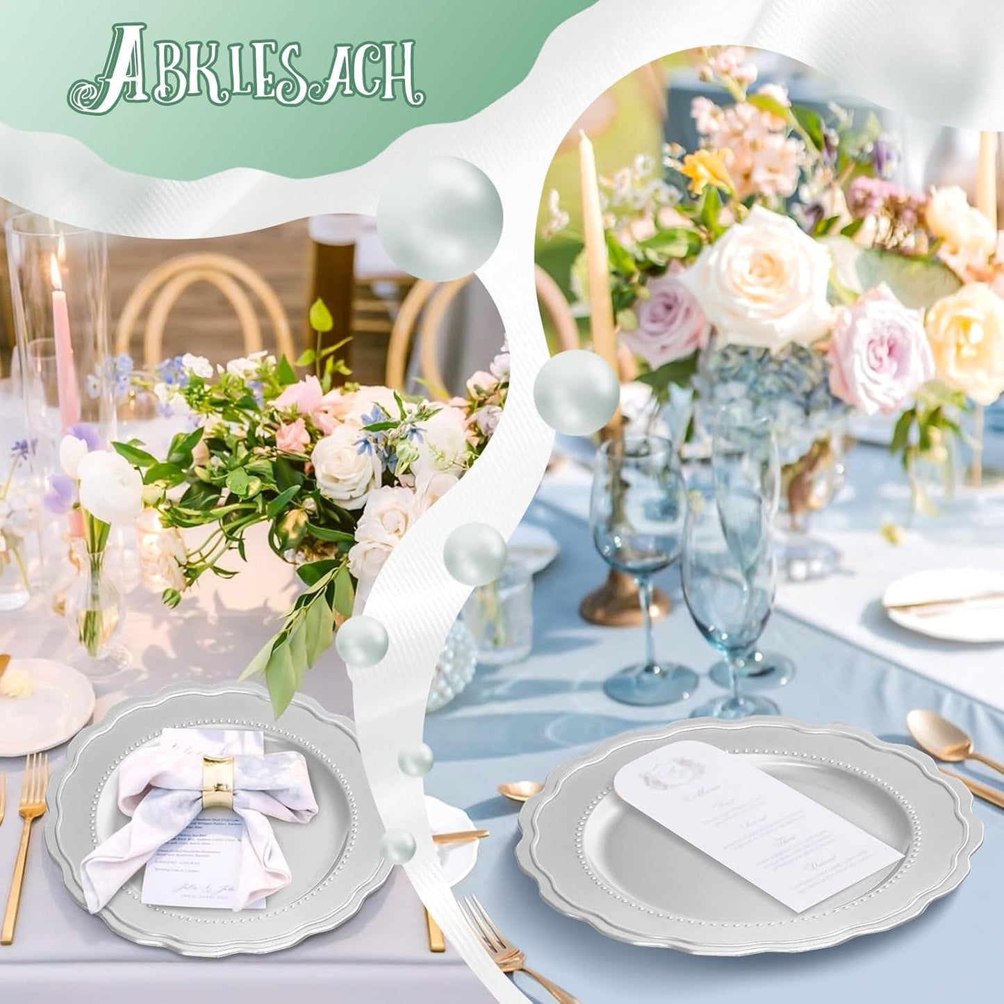 Plastic Silver Charger Plates Set of 12, 13 Inch Round Charger Dinner Plates, for Wedding, Thanksgiving, Christmas