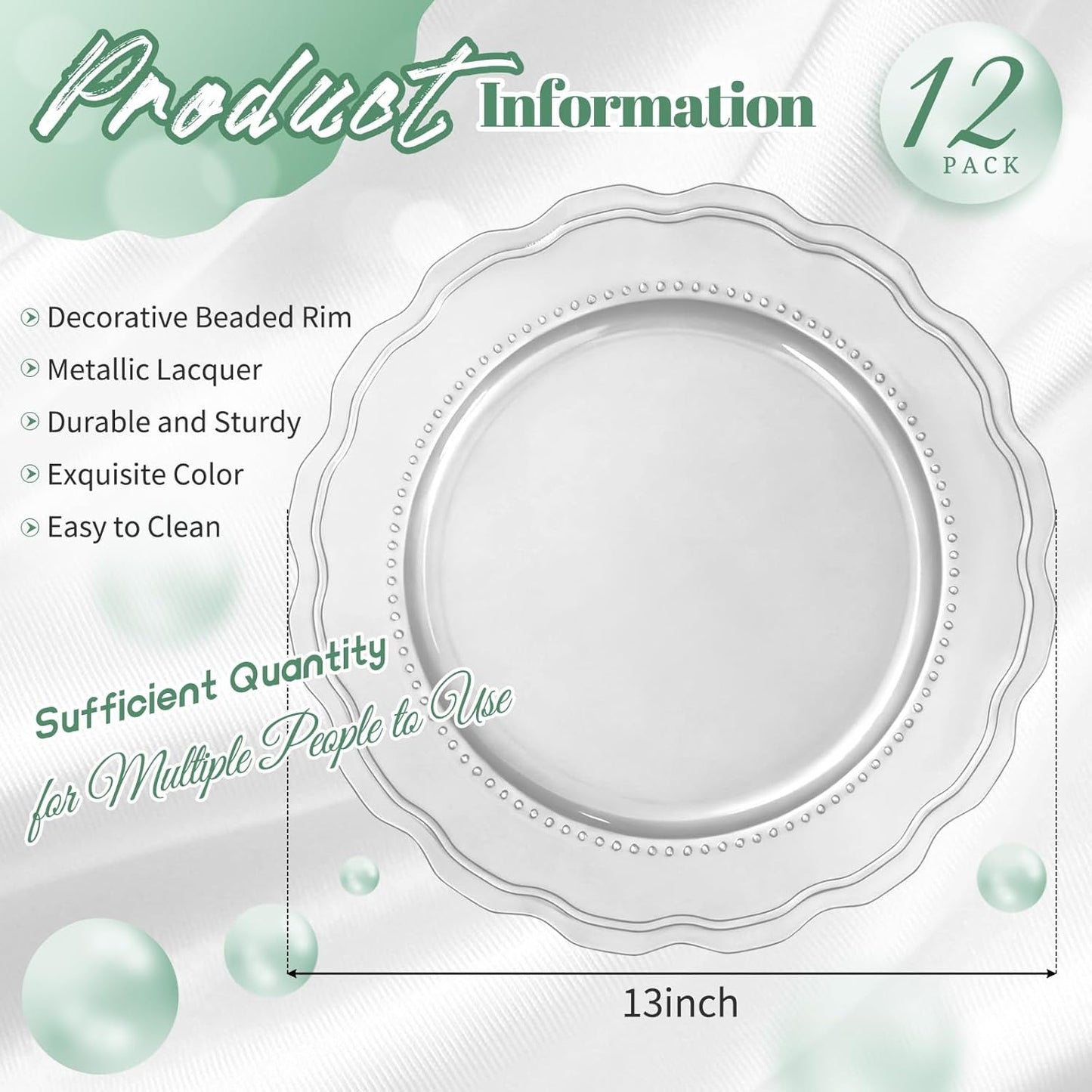 Plastic Silver Charger Plates Set of 12, 13 Inch Round Charger Dinner Plates, for Wedding, Thanksgiving, Christmas