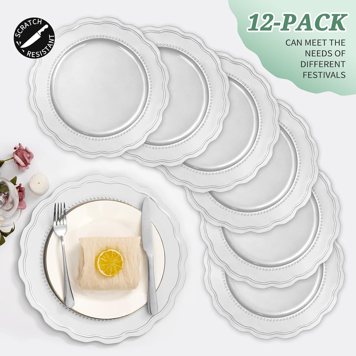 Plastic Silver Charger Plates Set of 12, 13 Inch Round Charger Dinner Plates, for Wedding, Thanksgiving, Christmas