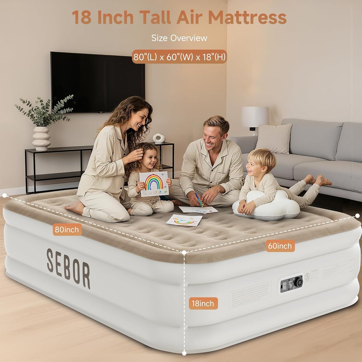 Air Mattress Queen with Built-in Pump 18', Self-Inflating, with Storage Bag for Guests, Camping, Travel