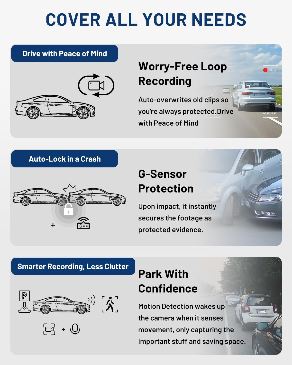 4K 3 Channel Dash Cam, 64GB Card, Full Night Color, Front and Rear Inside Fish-Eye Camera, Touch Screen