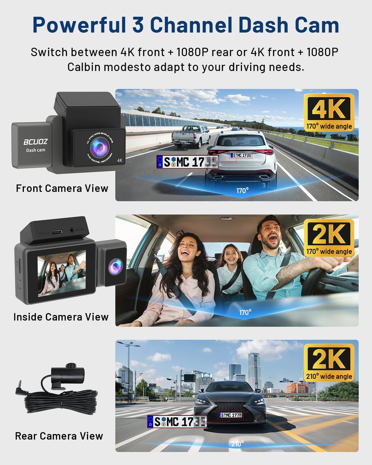 4K 3 Channel Dash Cam, 64GB Card, Full Night Color, Front and Rear Inside Fish-Eye Camera, Touch Screen
