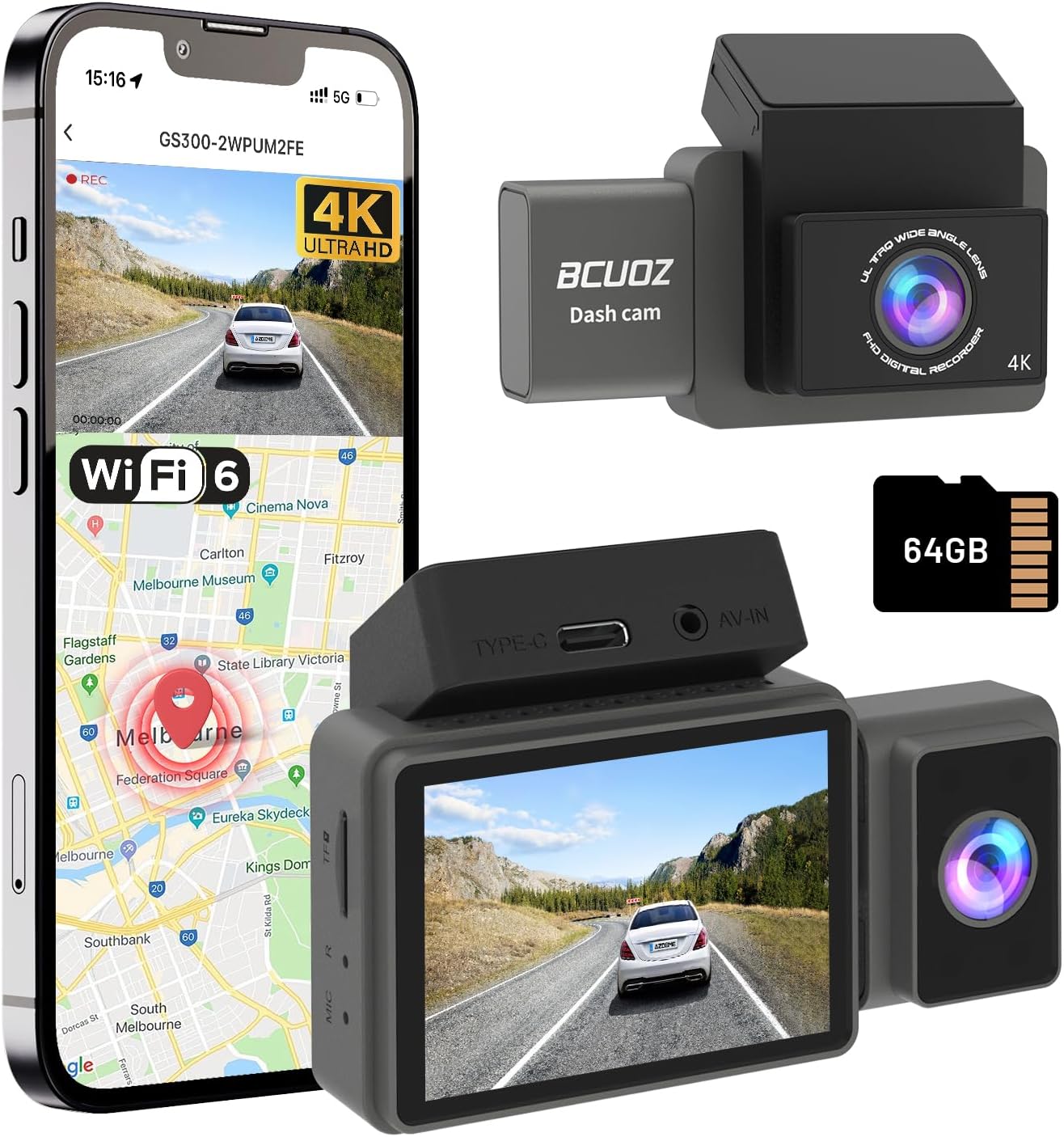 4K 3 Channel Dash Cam, 64GB Card, Full Night Color, Front and Rear Inside Fish-Eye Camera, Touch Screen