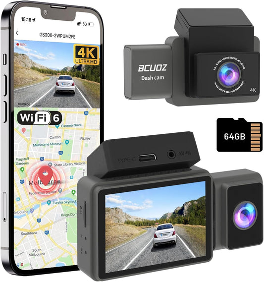 4K 3 Channel Dash Cam, 64GB Card, Full Night Color, Front and Rear Inside Fish-Eye Camera, Touch Screen