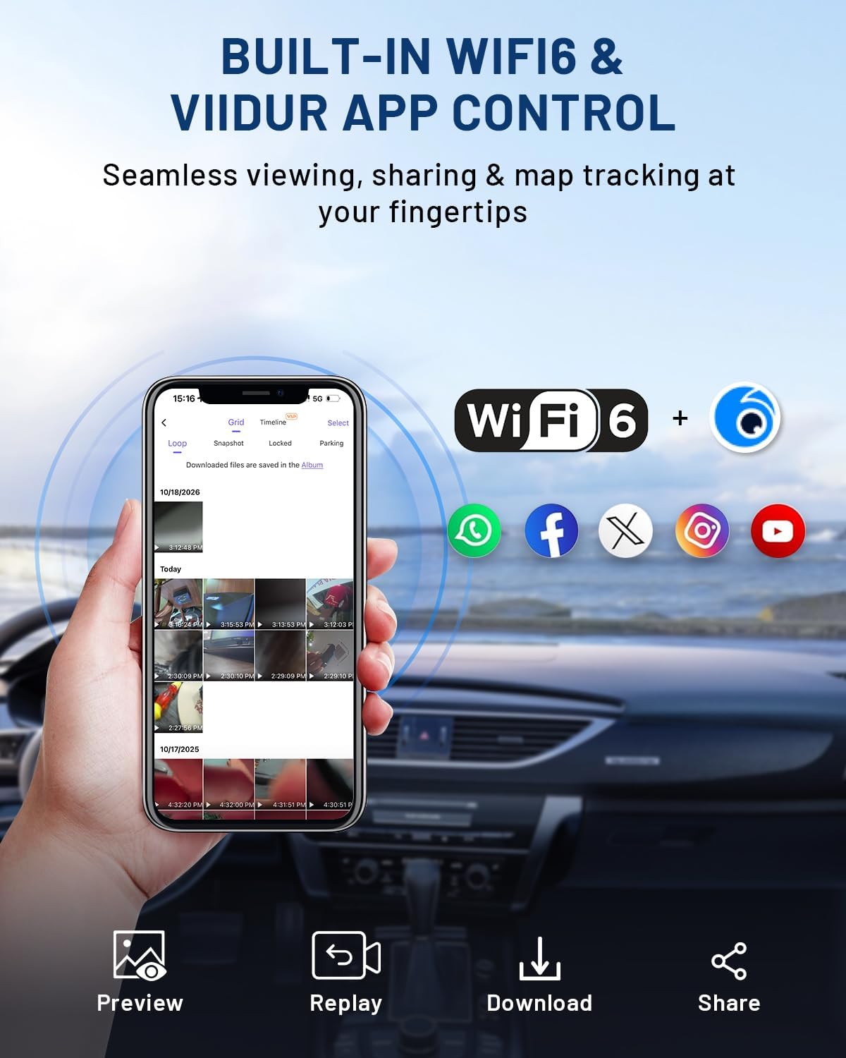 4K 3 Channel Dash Cam, 64GB Card, Full Night Color, Front and Rear Inside Fish-Eye Camera, Touch Screen