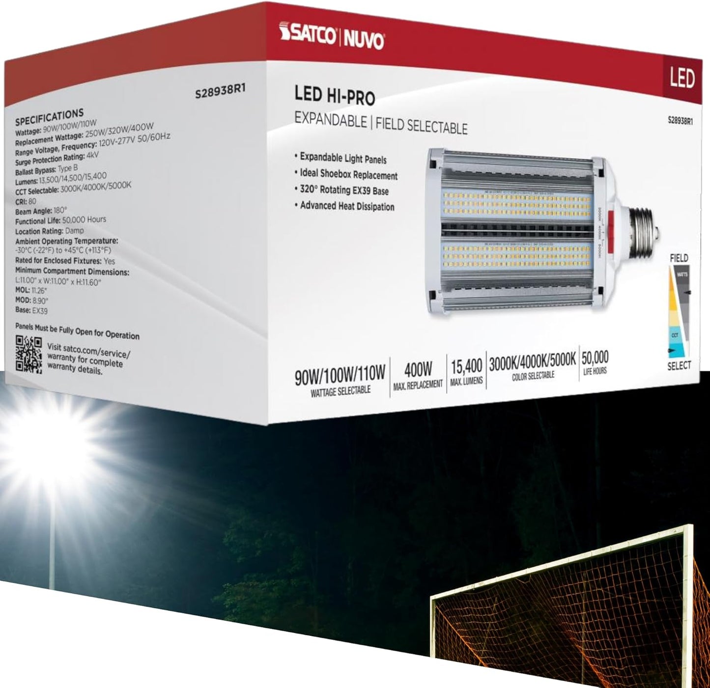 110W LED Shoebox Retrofit Lamp, Wattage Selectable (90W/100W/110W), 3CCT (3000K/4000K/5000K), EX39 Base