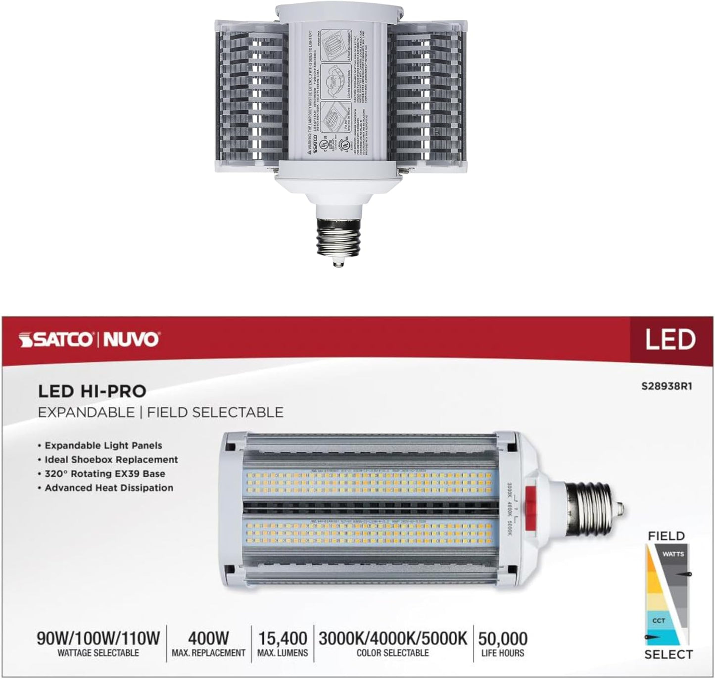 110W LED Shoebox Retrofit Lamp, Wattage Selectable (90W/100W/110W), 3CCT (3000K/4000K/5000K), EX39 Base