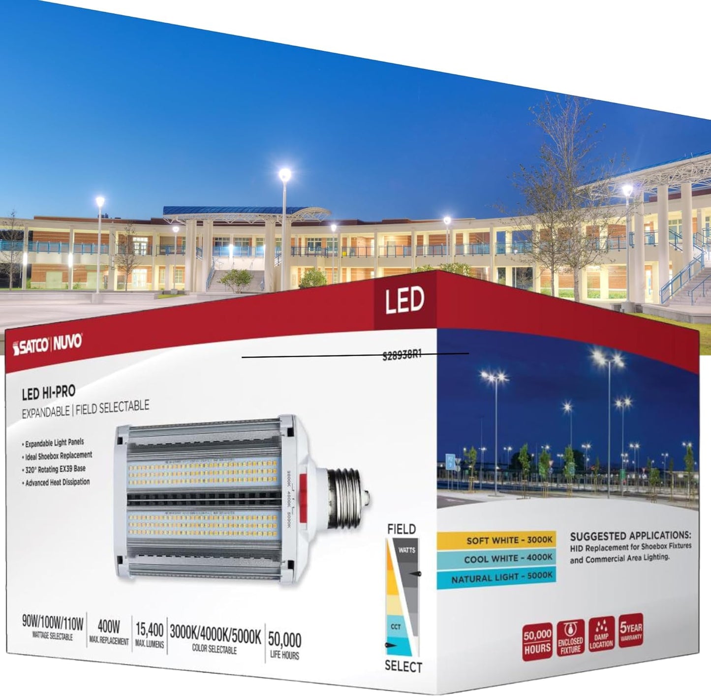 110W LED Shoebox Retrofit Lamp, Wattage Selectable (90W/100W/110W), 3CCT (3000K/4000K/5000K), EX39 Base