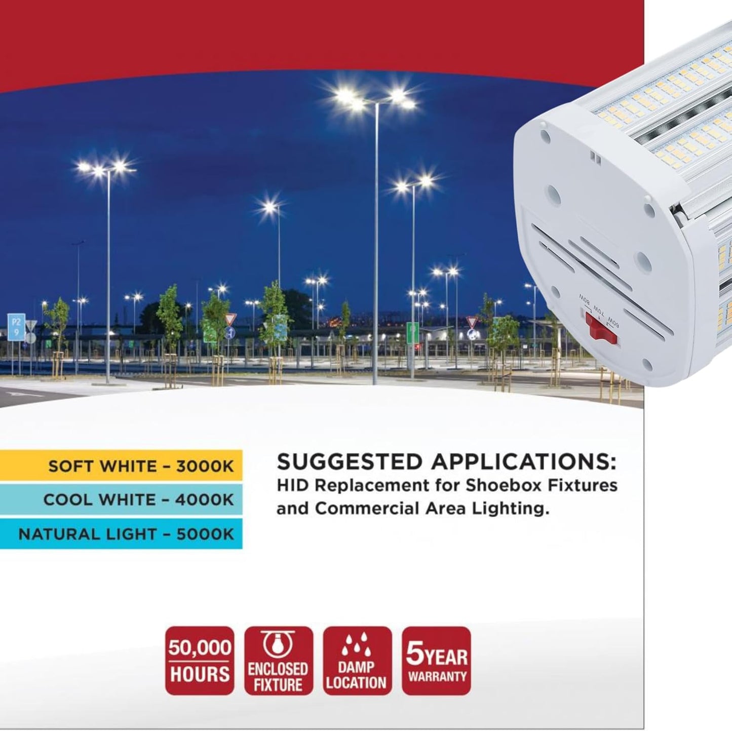 110W LED Shoebox Retrofit Lamp, Wattage Selectable (90W/100W/110W), 3CCT (3000K/4000K/5000K), EX39 Base