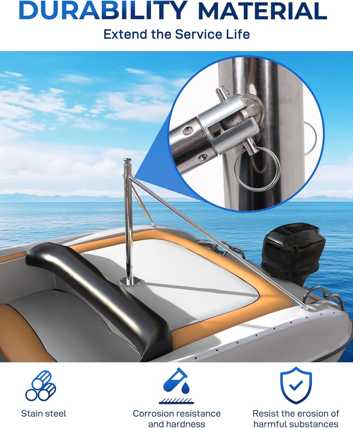 Stainless Steel Ski Pylon for Boat Adjustable Pole Height 33'-57',  for Outboard Boats