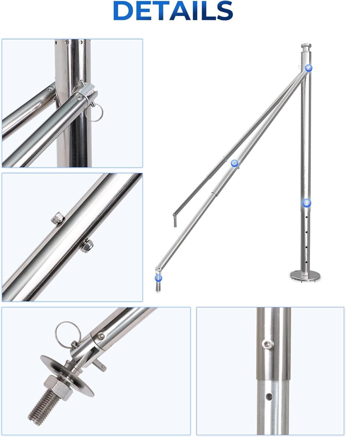 Stainless Steel Ski Pylon for Boat Adjustable Pole Height 33'-57',  for Outboard Boats