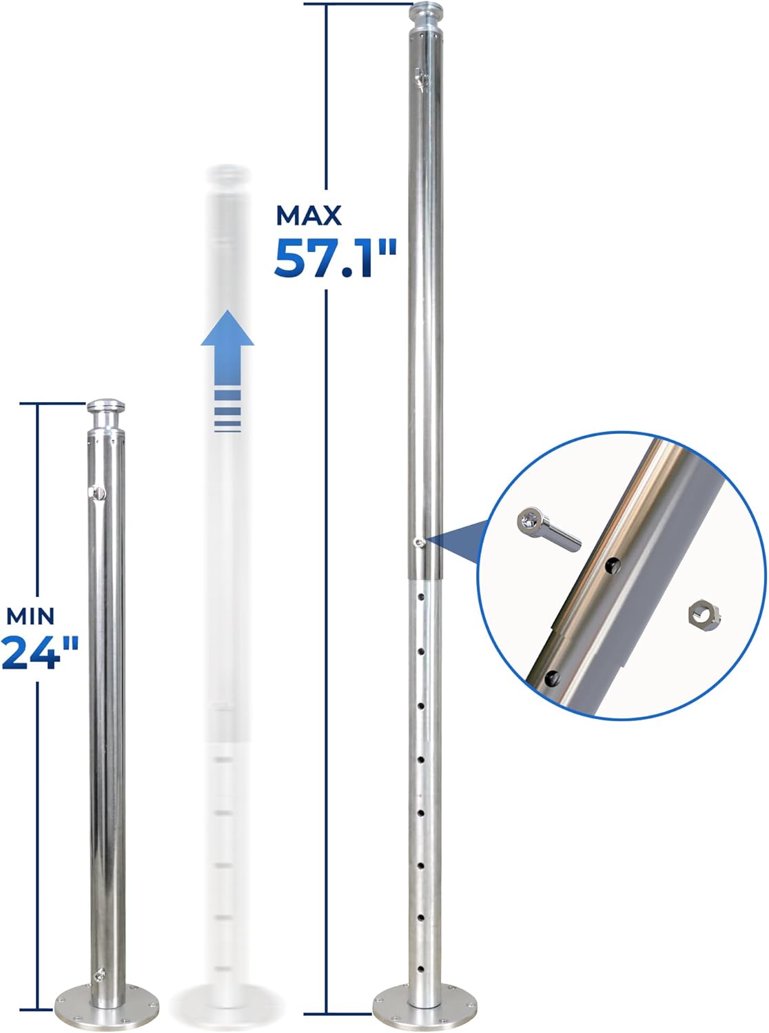 Stainless Steel Ski Pylon for Boat Adjustable Pole Height 33'-57',  for Outboard Boats