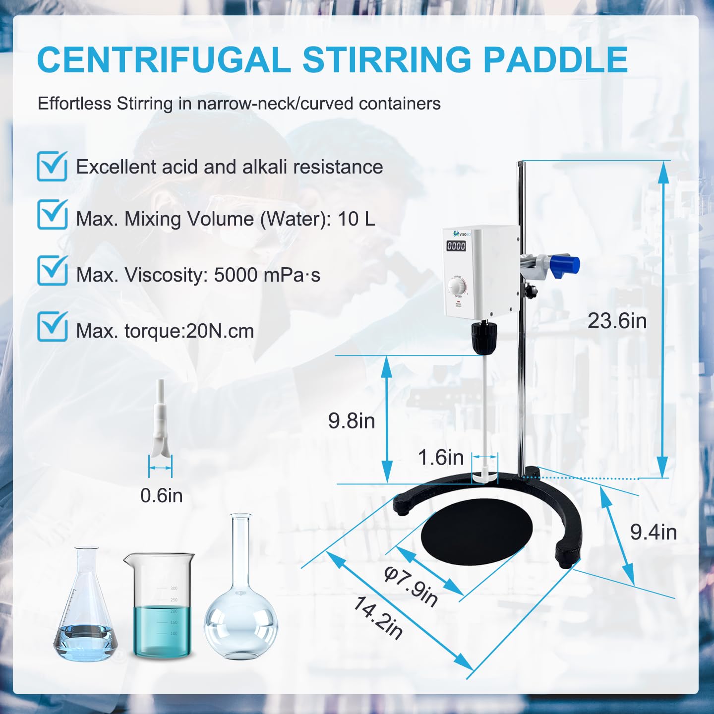 Lab Mixer with Overload Protection, Overhead Mixer with Support Stand&PTFE Stirring Rod,110-220V, 100-2000rpm