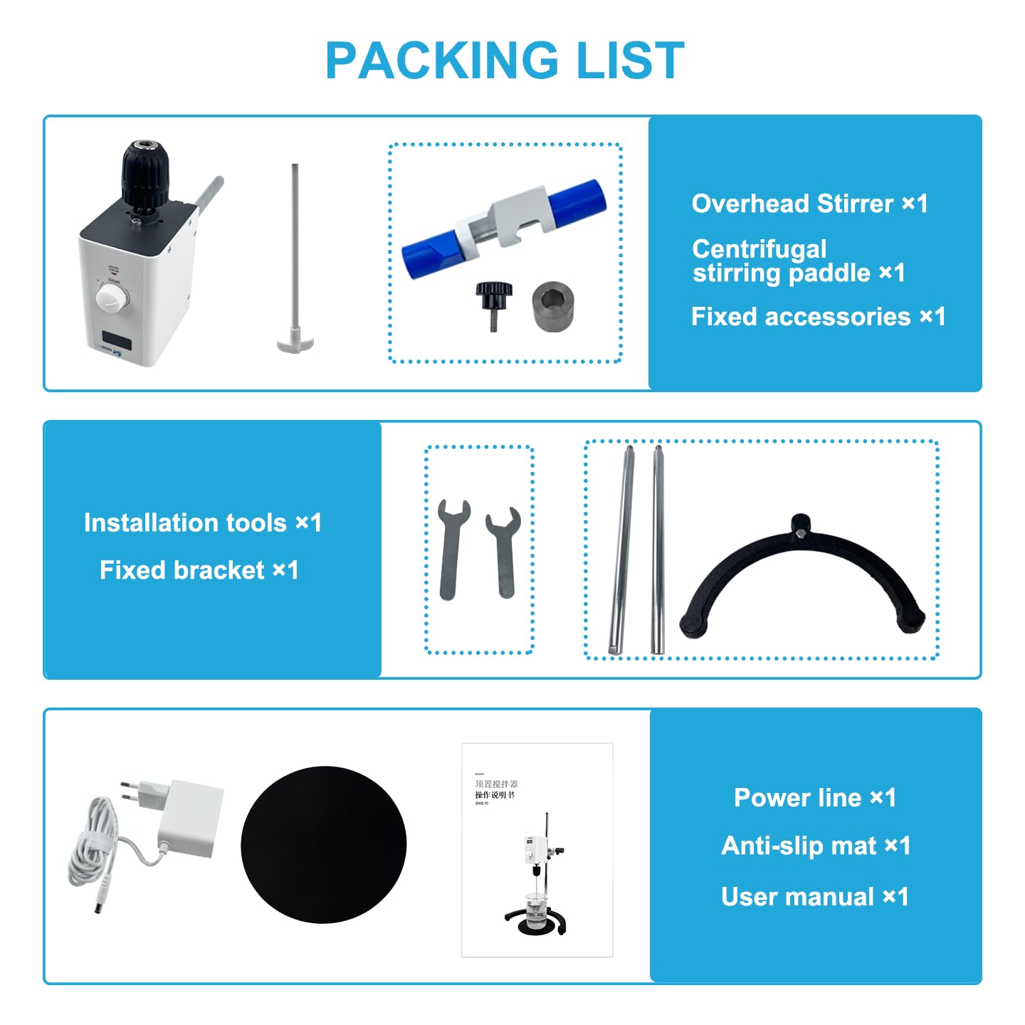 Lab Mixer with Overload Protection, Overhead Mixer with Support Stand&PTFE Stirring Rod,110-220V, 100-2000rpm