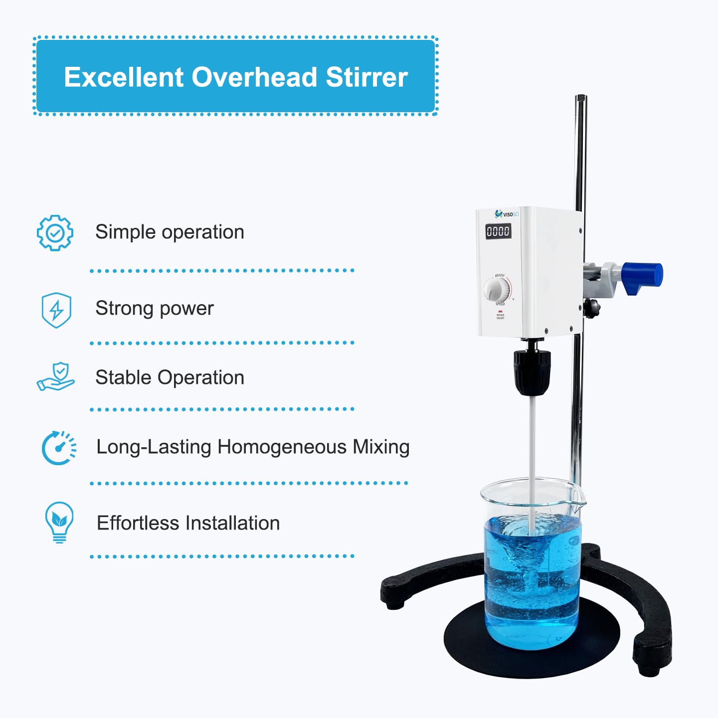 Lab Mixer with Overload Protection, Overhead Mixer with Support Stand&PTFE Stirring Rod,110-220V, 100-2000rpm