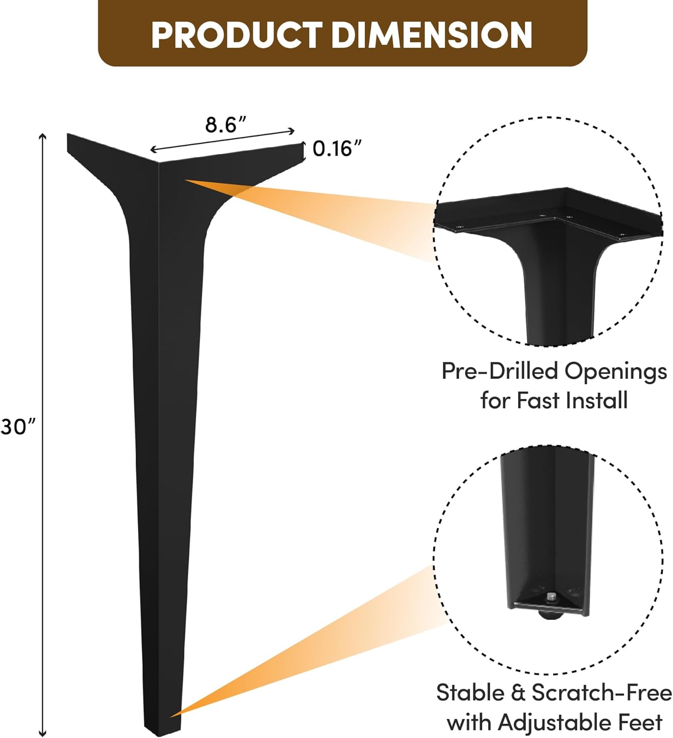 Spade 30' Heavy-Duty Metal Table Legs (Set of 4), Minimalist Steel Legs for Live Edge Table Top,  Dining Table, Desk