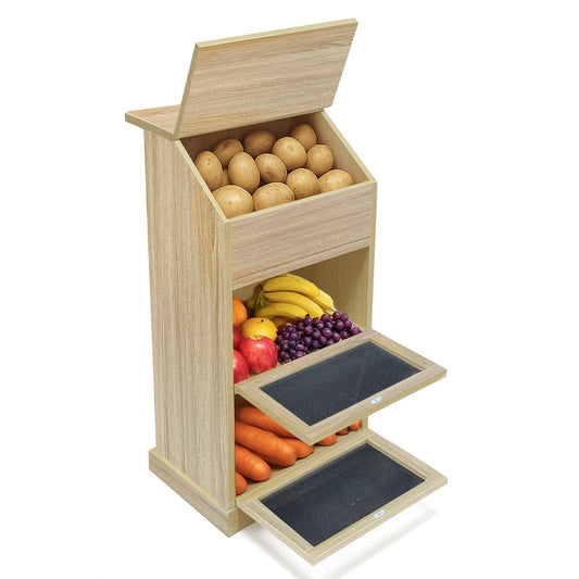 Potato Storage Bin, 3-Tier Potato and Onion Storage Bin with Lid, Wooden Bread Box for Fruit and Vegetable,Food Storage Containers for Kitchen Pantry (White Oak)