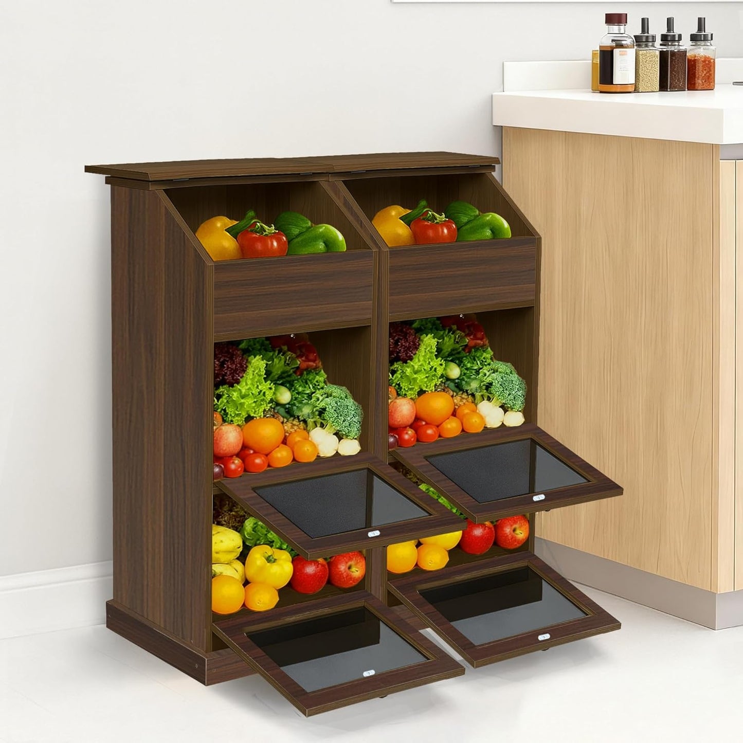 Potato Storage Bin, 3-Tier Potato and Onion Storage Bin with Lid,  for Fruit and Vegetable, (Walnut)