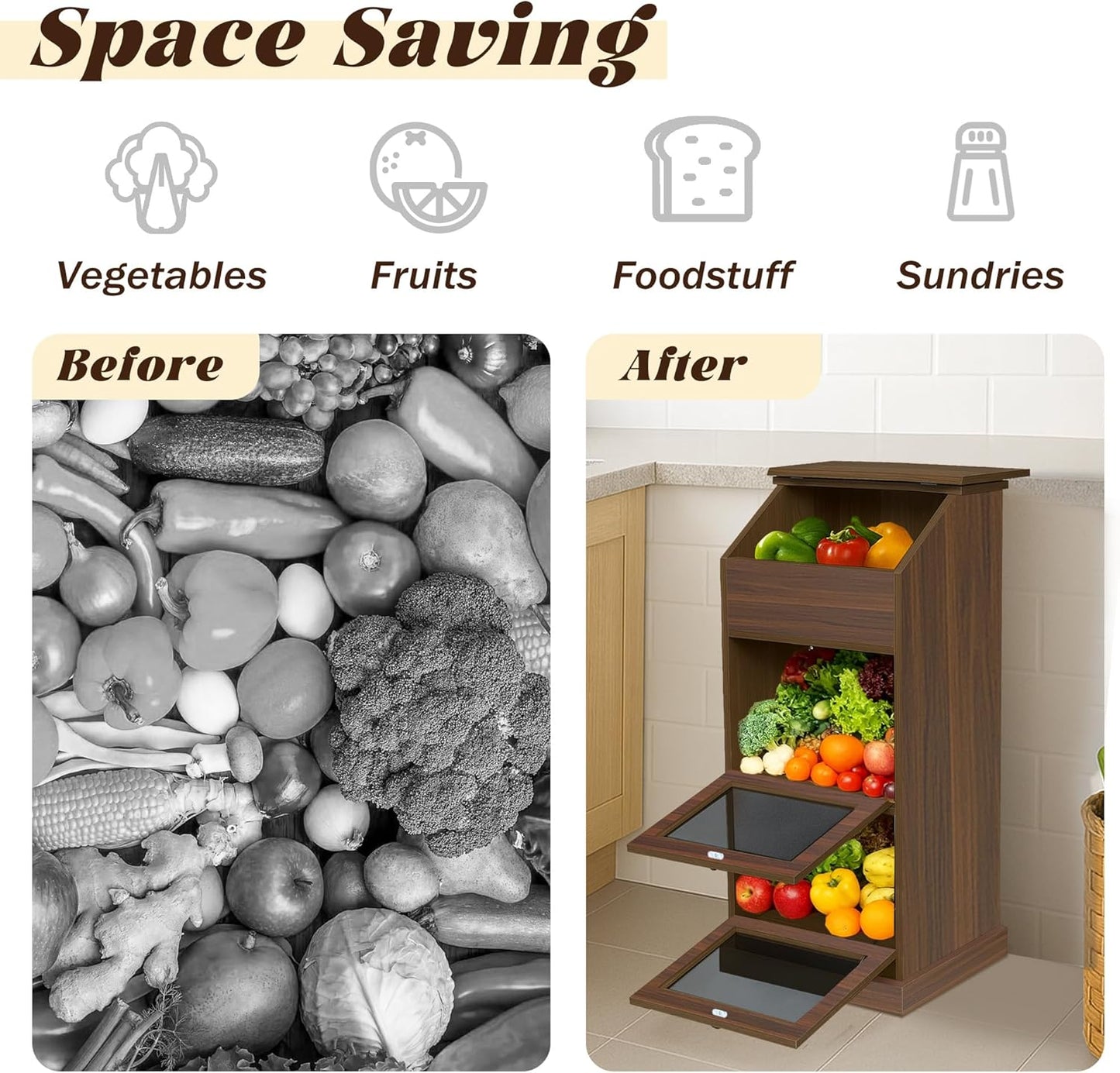 Potato Storage Bin, 3-Tier Potato and Onion Storage Bin with Lid,  for Fruit and Vegetable, (Walnut)