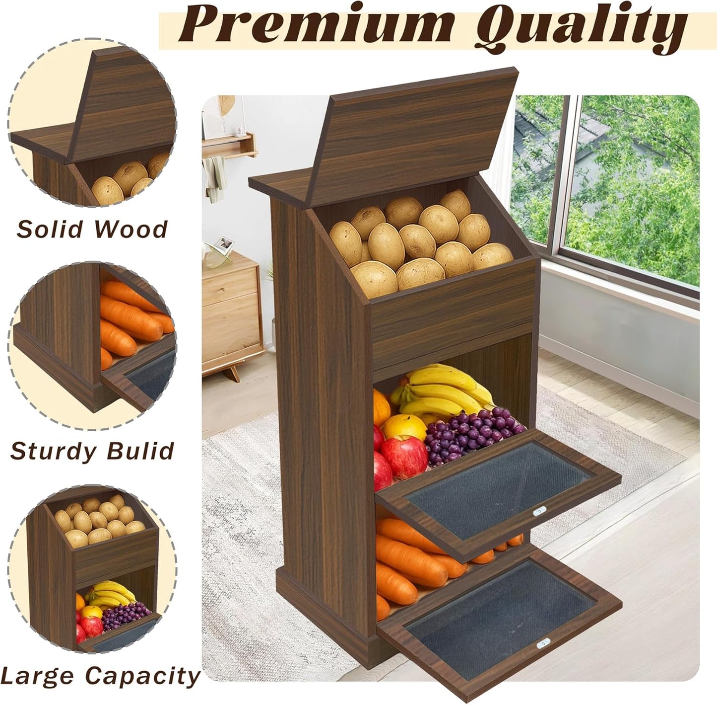 Potato Storage Bin, 3-Tier Potato and Onion Storage Bin with Lid,  for Fruit and Vegetable, (Walnut)