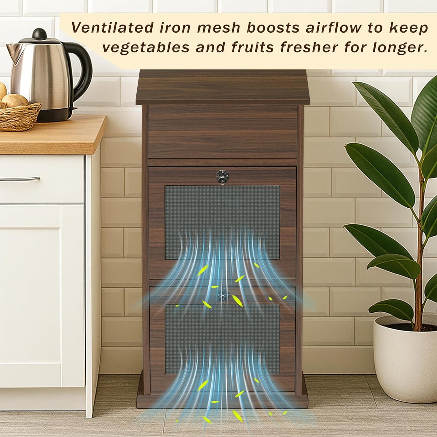 Potato Storage Bin, 3-Tier Potato and Onion Storage Bin with Lid,  for Fruit and Vegetable, (Walnut)