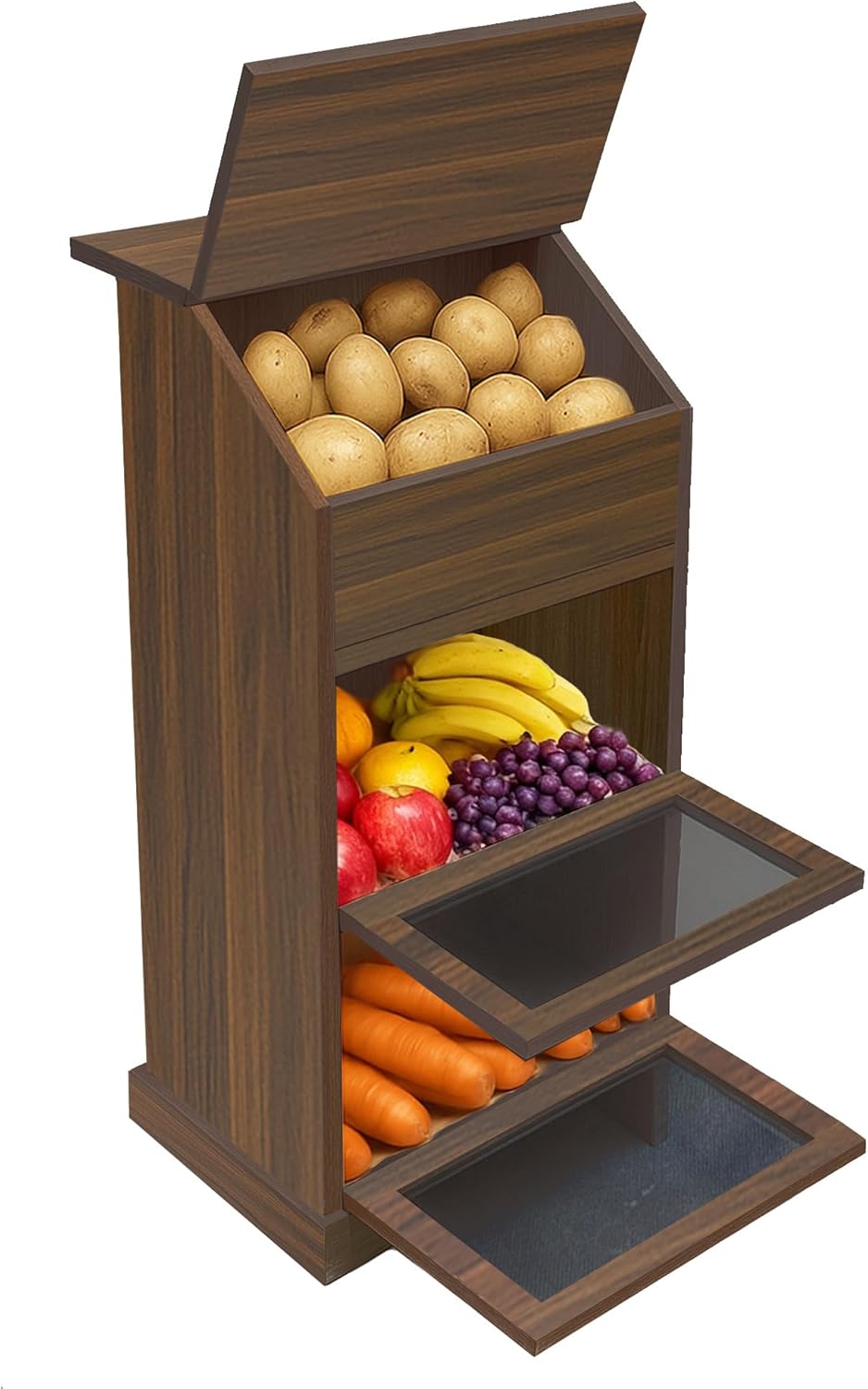 Potato Storage Bin, 3-Tier Potato and Onion Storage Bin with Lid,  for Fruit and Vegetable, (Walnut)