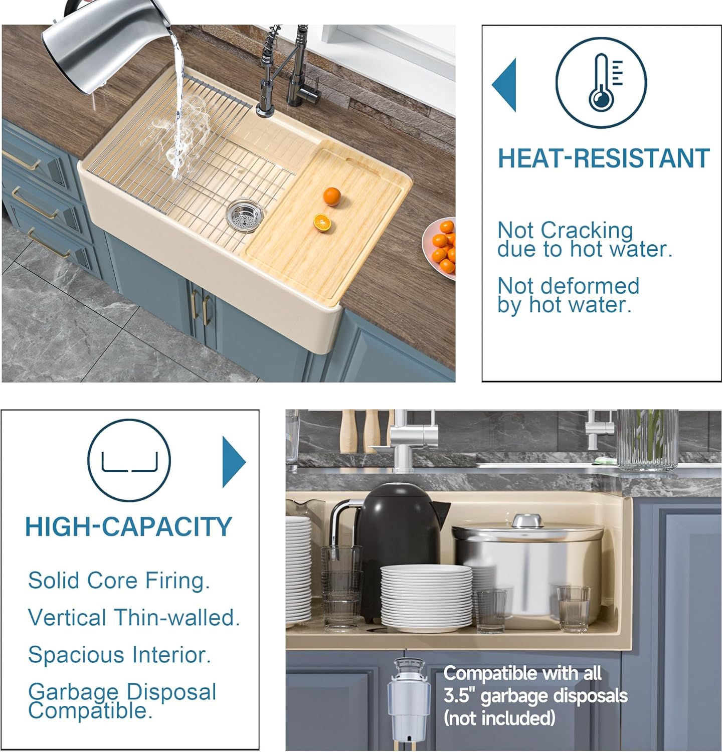 Firecaly Farmhouse Workstation Sink 33 x 20 Inch Bone Color, Apron Front Undermount, Single Bowl, Deep Basin