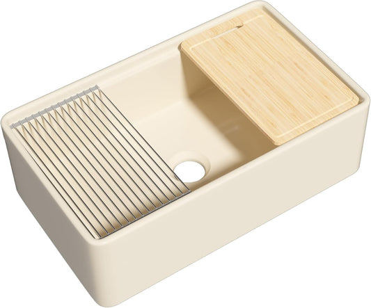 Firecaly Farmhouse Workstation Sink 33 x 20 Inch Bone Color, Apron Front Undermount, Single Bowl, Deep Basin