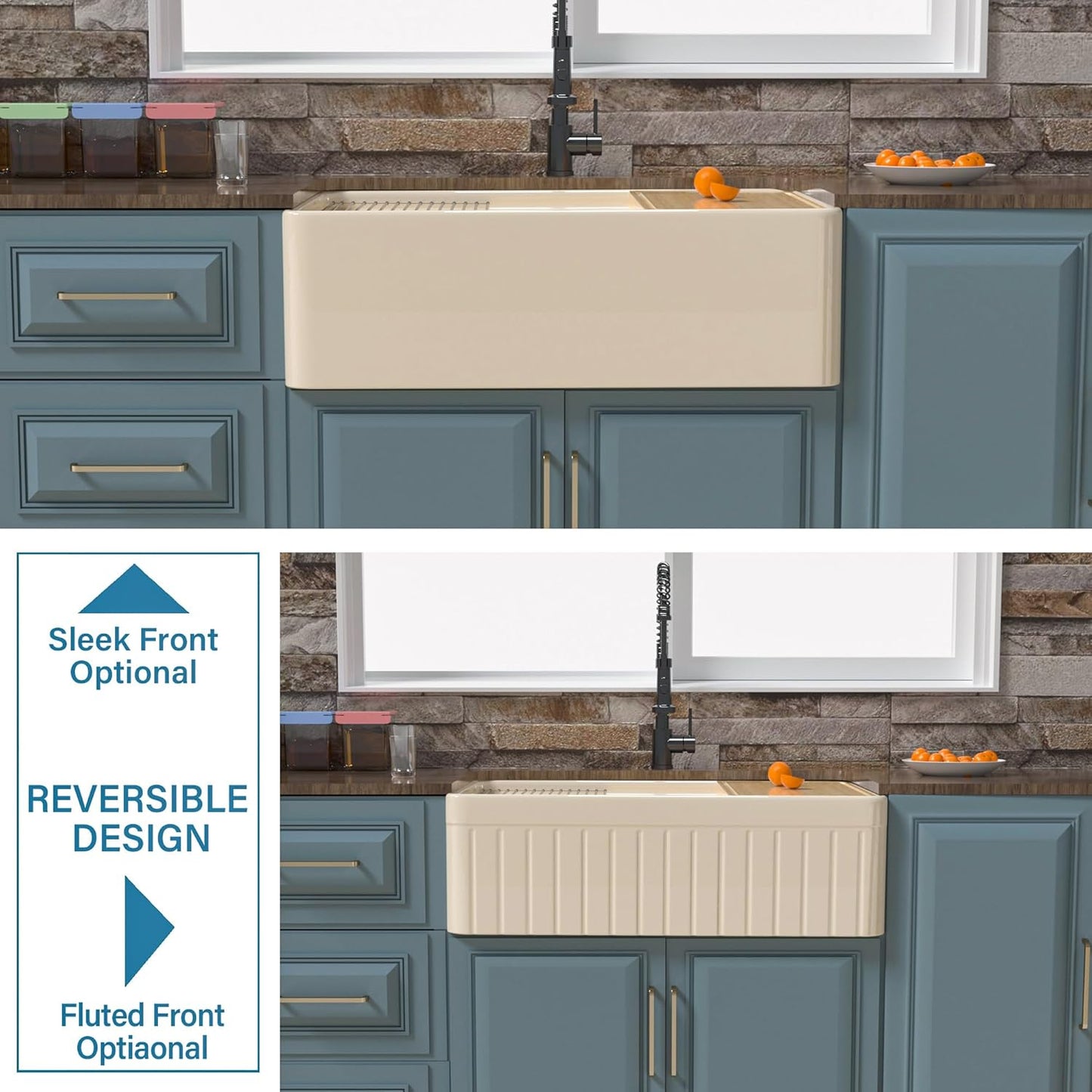 Firecaly Farmhouse Workstation Sink 33 x 20 Inch Bone Color, Apron Front Undermount, Single Bowl, Deep Basin