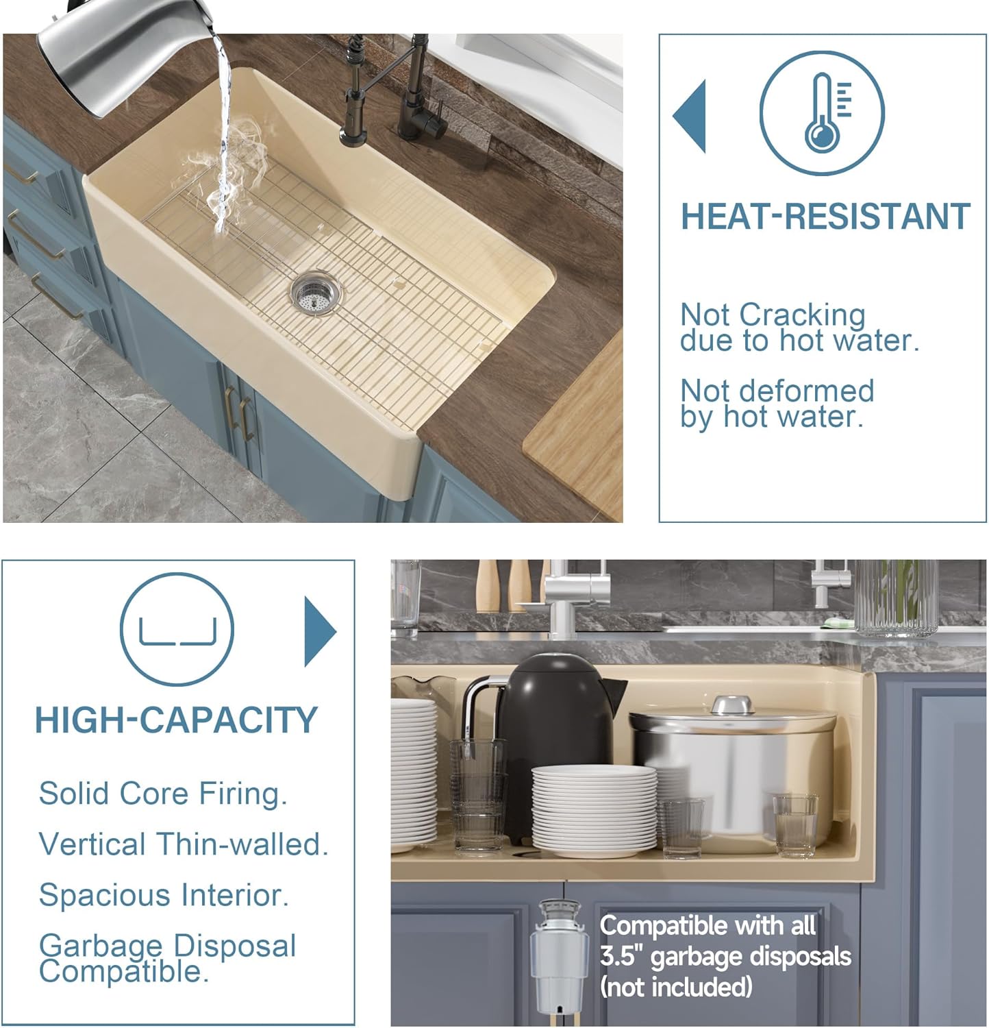 Firecaly Farmhouse Kitchen Sink 33 x 18 Inch Bone Color, Apron Front Undermount Farm Sink Single Bowl