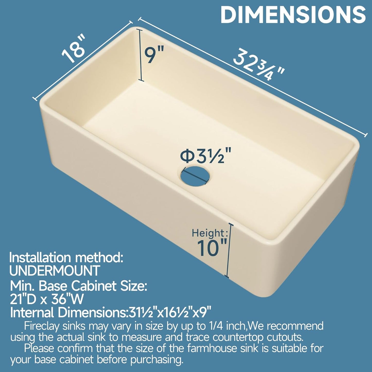 Firecaly Farmhouse Kitchen Sink 33 x 18 Inch Bone Color, Apron Front Undermount Farm Sink Single Bowl