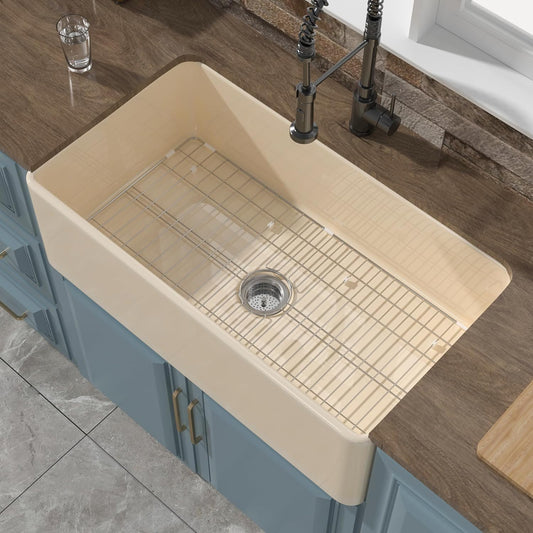 Firecaly Farmhouse Kitchen Sink 33 x 18 Inch Bone Color, Apron Front Undermount Farm Sink Single Bowl