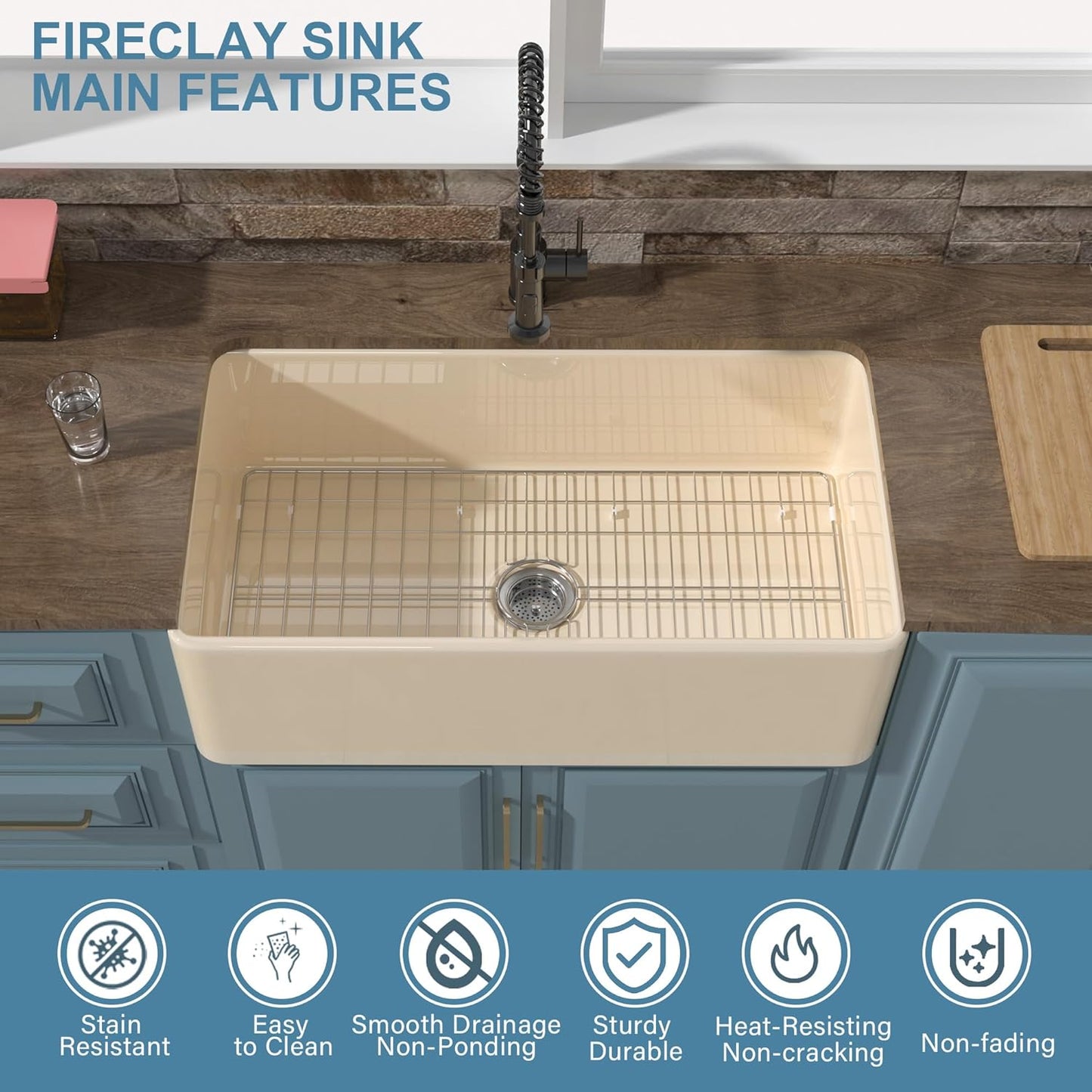Firecaly Farmhouse Kitchen Sink 33 x 18 Inch Bone Color, Apron Front Undermount Farm Sink Single Bowl