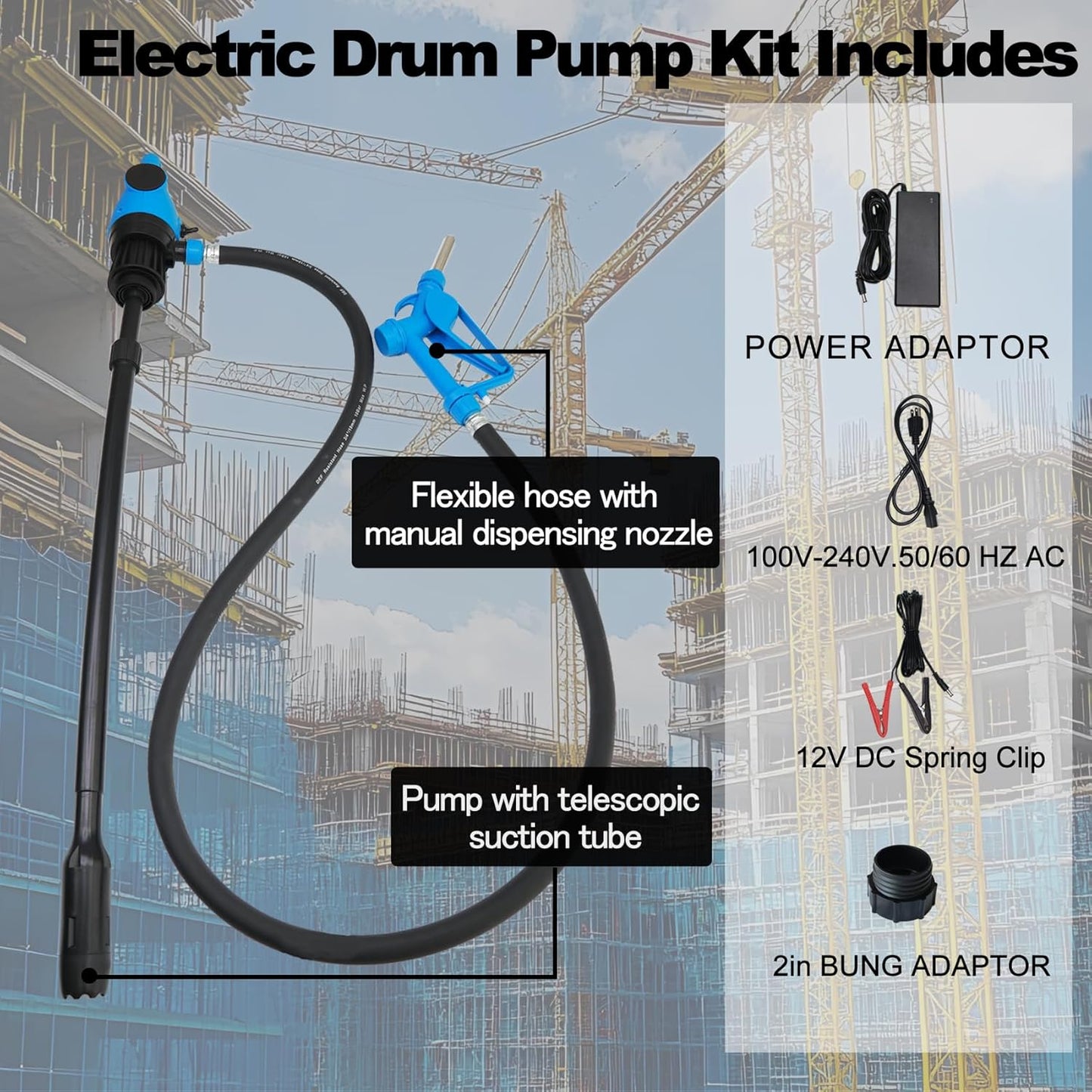 Electric Drum Pump 120V AC,12V DC, 5 GPM flow fuel, diesel, water, antifreeze, 6.6ft hose, 2-inch bung adapter