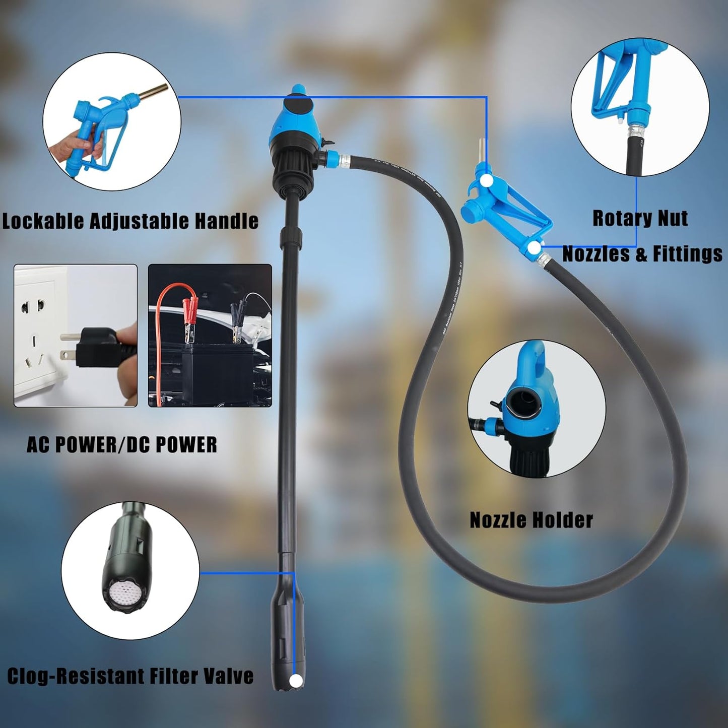Electric Drum Pump 120V AC,12V DC, 5 GPM flow fuel, diesel, water, antifreeze, 6.6ft hose, 2-inch bung adapter
